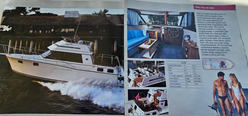 Slide: The Image of 1990 Carver 32 Aft Cabin yacht brochure with interior and exterior views. - 34