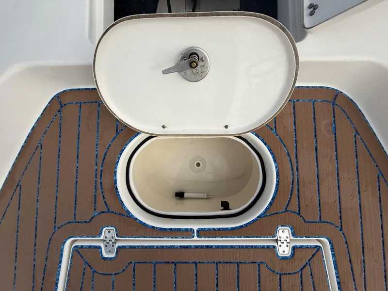 Slide: The Image of Open hatch on 2021 Pathfinder 2400 TRS boat with brown deck and blue trim. - 39