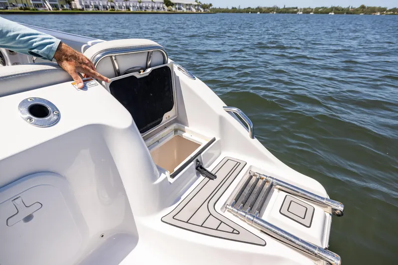 Slide: The Image of 2022 Sea Fox 268 Commander boat with open storage compartment and swim ladder on calm water. - 20