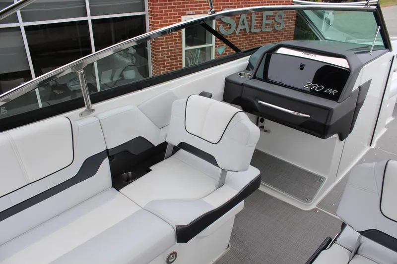 Slide: The Image of 2021 Formula 290 Bowrider interior with sleek seating and modern dashboard design. - 10