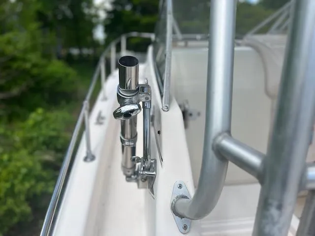Slide: The Image of Close-up of 1997 Grady-White F-26 Tigercat boat railing and fittings. - 6