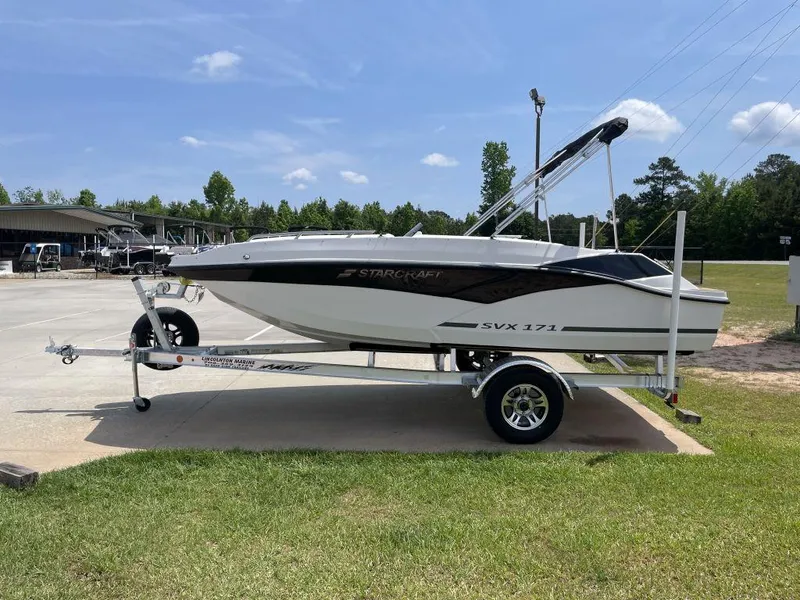Slide: The Image of 2025 Starcraft SVX-171 boat on trailer, parked outdoors under clear sky. - 3
