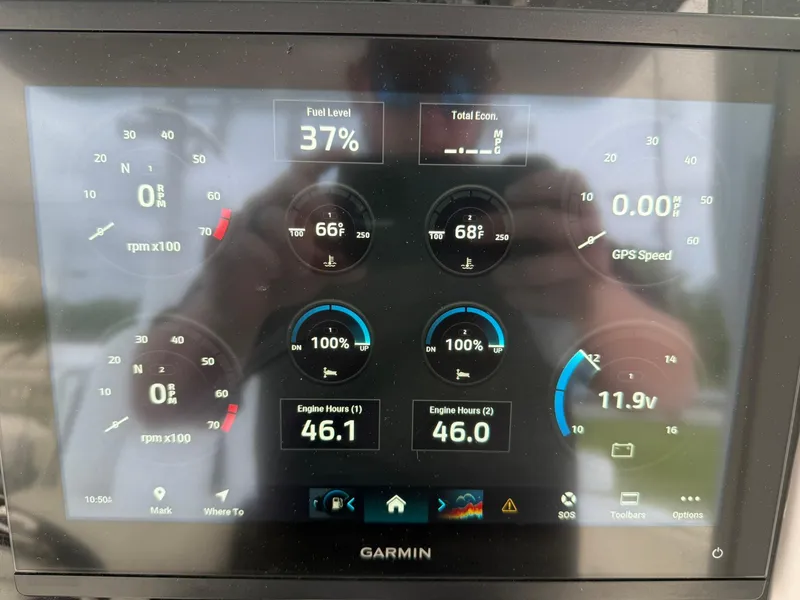 Slide: The Image of Garmin display on 2025 Stingray 273 CC showing fuel level, engine hours, and GPS speed. - 19