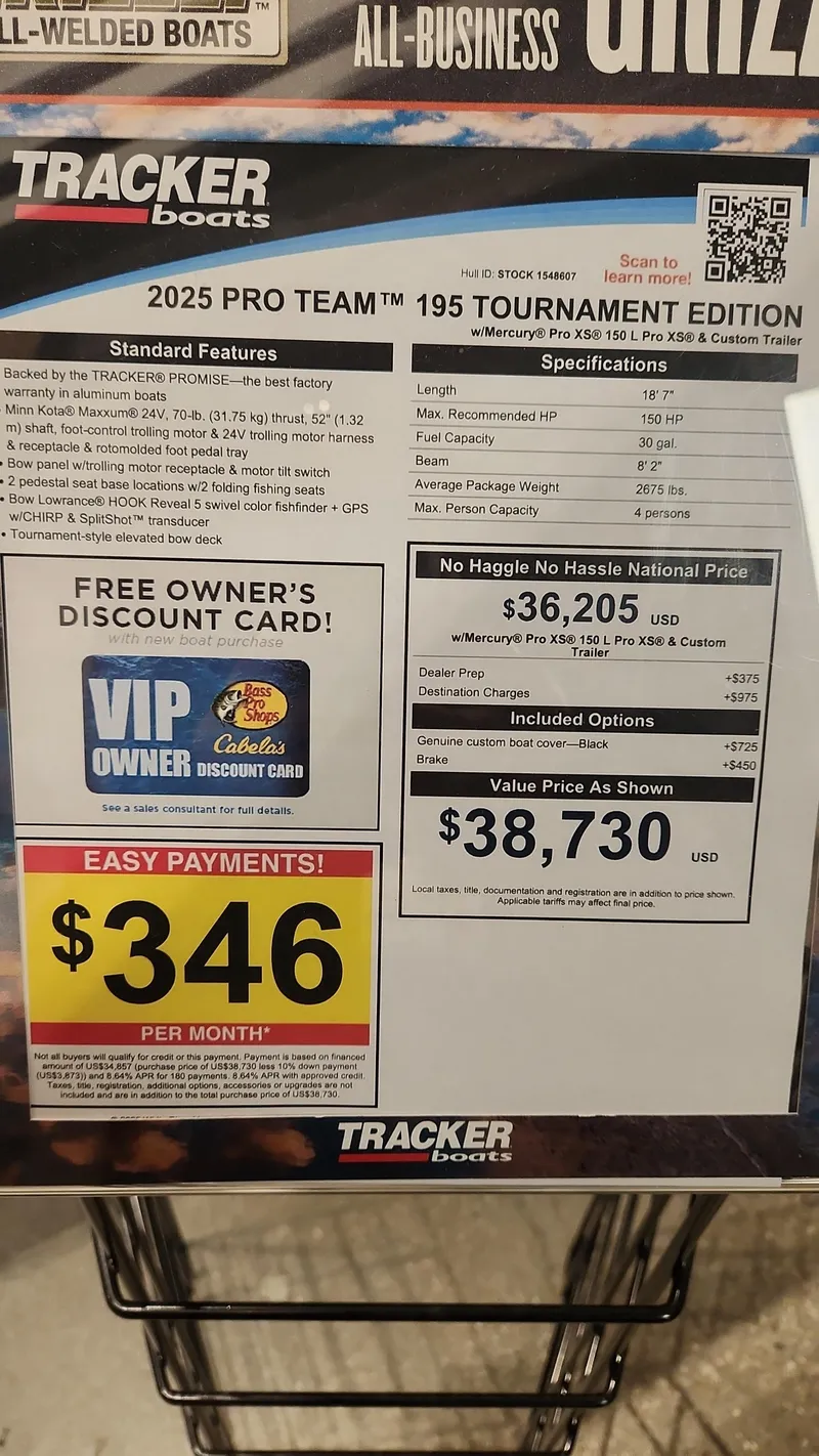 Slide: The Image of 2025 Tracker Pro Team 195 Tournament Edition boat pricing and features display. - 4