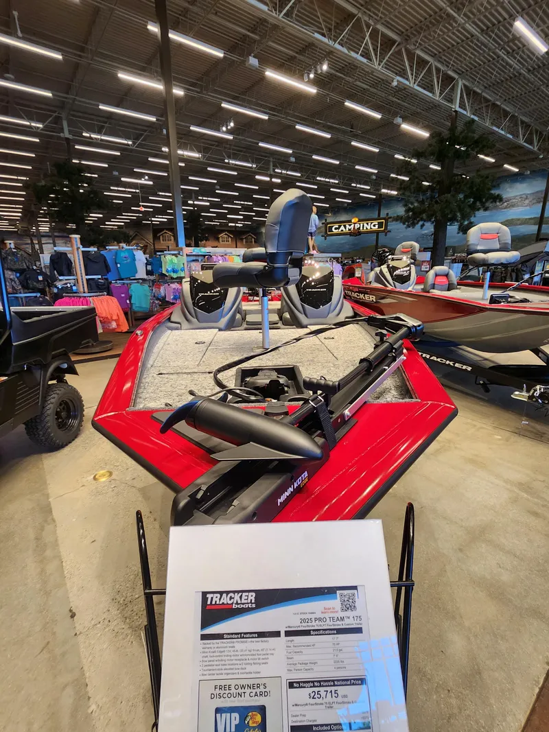 Slide: The Image of 2025 Tracker Pro Team 175 boat displayed in a showroom with price details. - 4