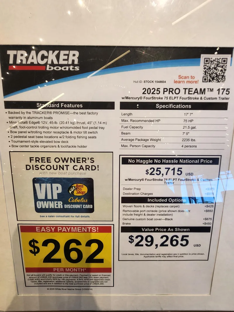 Slide: The Image of 2025 Tracker Pro Team 175 boat specifications and pricing details displayed on a promotional sheet. - 5