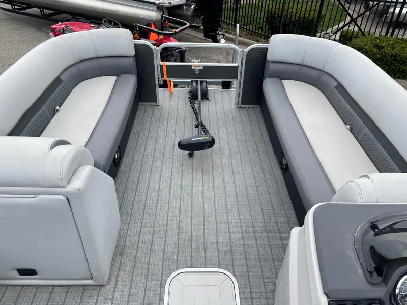 Slide: The Image of 2022 Godfrey Sweetwater 2286 FS pontoon boat interior with gray seating and flooring. - 5