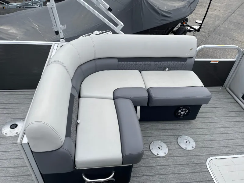 Slide: The Image of 2022 Godfrey Sweetwater 2286 FS boat seating, gray upholstery, spacious deck layout. - 9