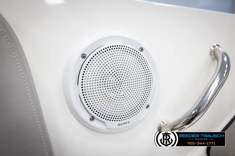 Slide: The Image of White Sony speaker and chrome handle on 2011 Sea Ray 185 Sport boat interior. - 34