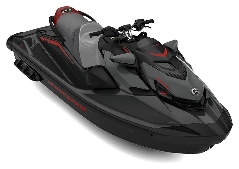 Slide: The Image of 2024 Sea-Doo GTR-X 300 iBR with sound system, sleek black and red design. - 2