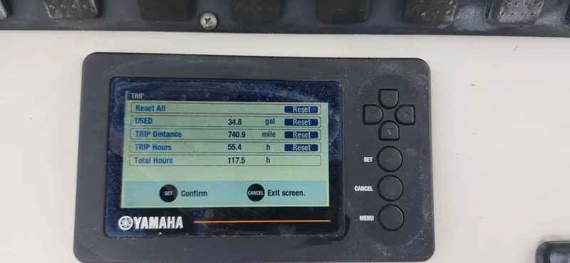 Slide: The Image of Yamaha display showing trip data on a 2016 Sea Hunt Ultra 225 boat. - 2