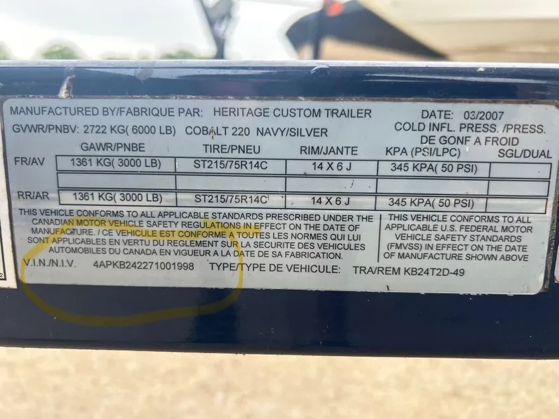 Slide: The Image of Trailer label showing specifications and VIN for a 2008 Cobalt 230, manufactured by Heritage Custom Trailer. - 4