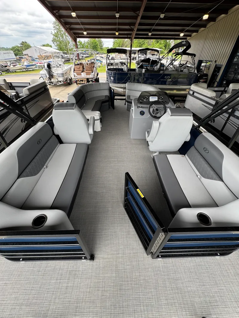 Slide: The Image of 2025 Veranda Vista View 20RC pontoon boat interior with spacious seating and modern design. - 2
