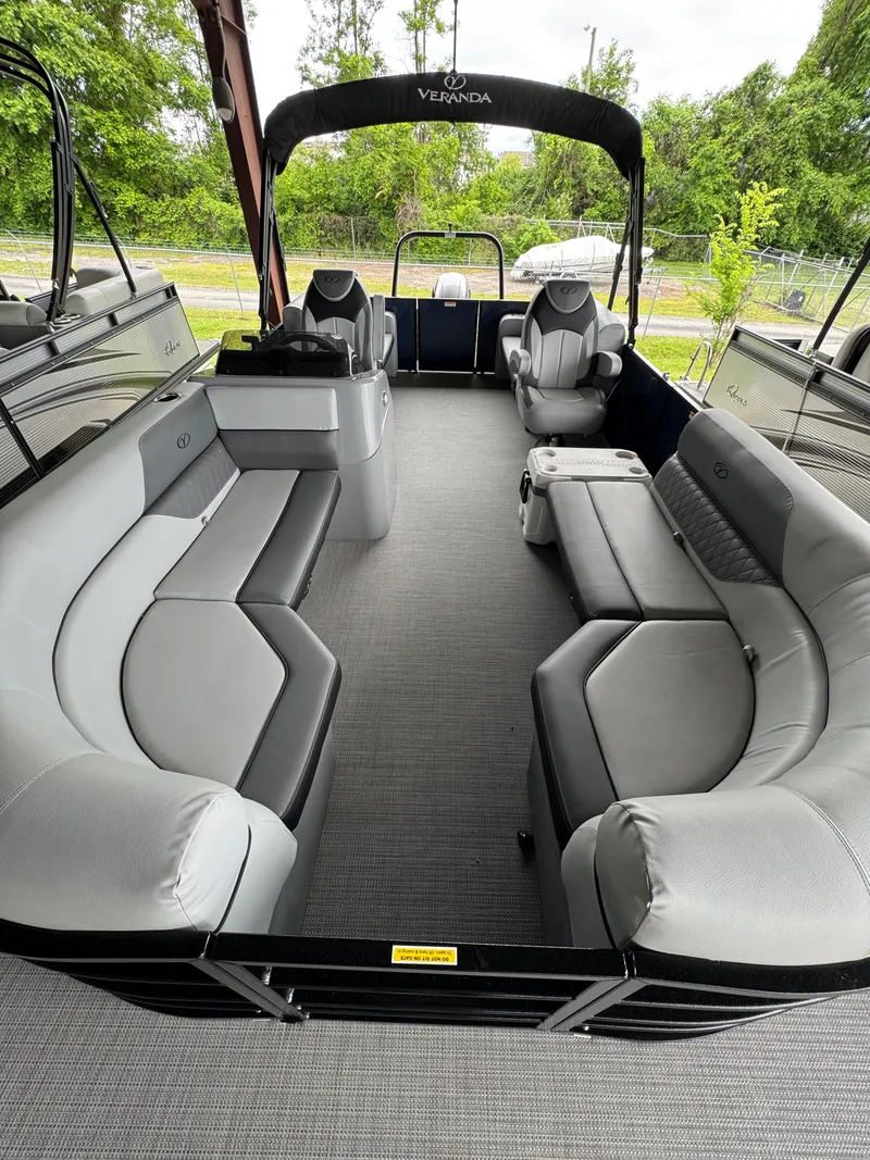 Slide: The Image of 2025 Veranda Vista View 20RC pontoon boat with spacious seating and modern design. - 3