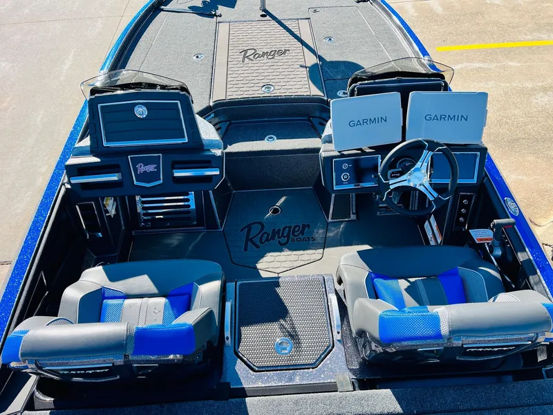 Slide: The Image of 2025 Ranger Z520R Cup-Equipped boat interior with dual Garmin displays and blue-accented seats. - 27