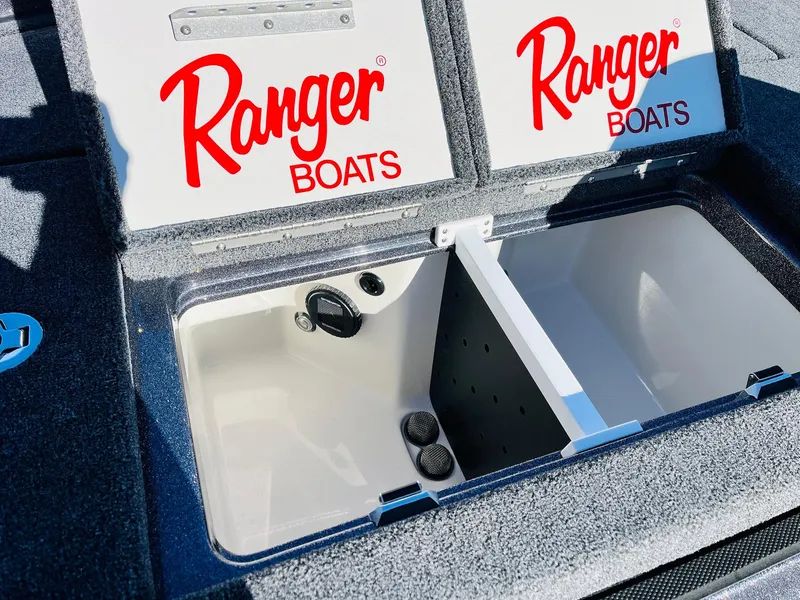 Slide: The Image of 2025 Ranger Z520R Cup-Equipped boat storage compartments with Ranger Boats branding. - 39