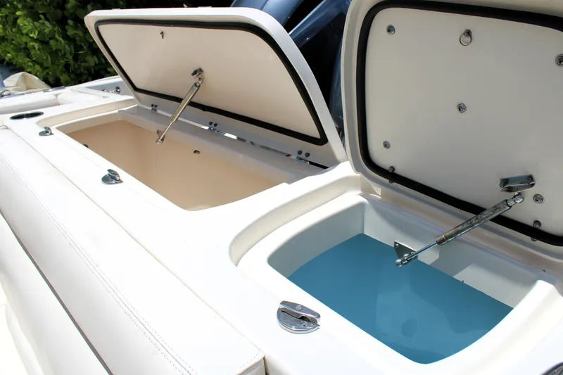 Slide: The Image of 2019 Grady-White Freedom 275 boat storage compartments open, showcasing interior features. - 10