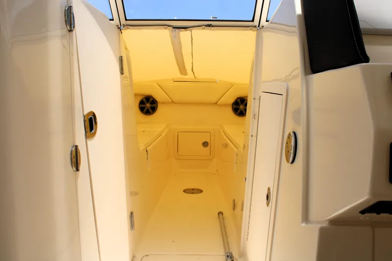 Slide: The Image of Interior cabin of 2019 Grady-White Freedom 275 boat, featuring storage compartments and speakers. - 9