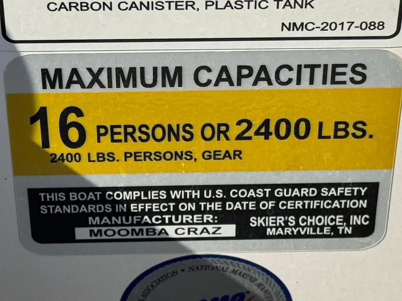 Slide: The Image of 2021 Moomba Craz boat capacity label: 16 persons or 2400 lbs, U.S. Coast Guard compliant. - 36