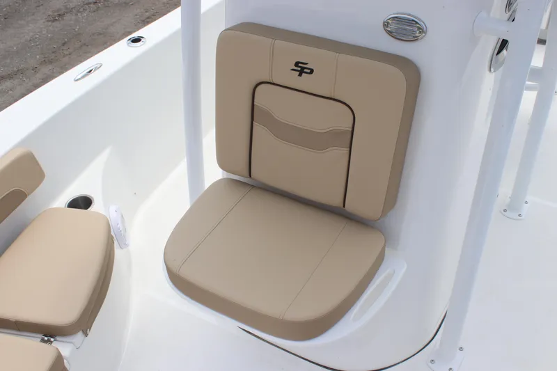 Slide: The Image of 2025 Sea Pro 202 CC boat seat with beige upholstery and SP logo. - 17
