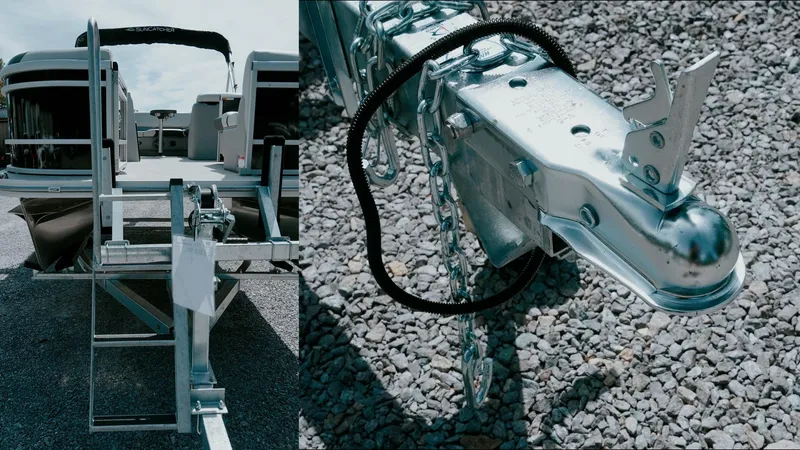 Slide: The Image of 2025 G3 SunCatcher Select 20 Cruise boat with trailer hitch on gravel surface. - 16