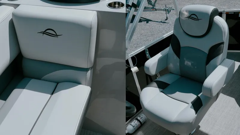 Slide: The Image of Luxurious seating on 2025 G3 SunCatcher Select 20 Cruise boat, featuring plush upholstery and modern design. - 21