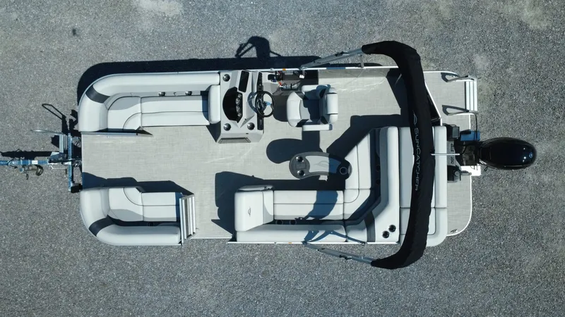 Slide: The Image of 2025 G3 SunCatcher Select 20 Cruise pontoon boat, aerial view, spacious seating, modern design. - 28