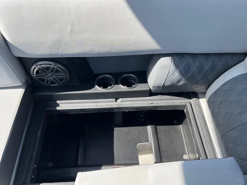 Slide: The Image of Interior seating and storage of 2021 Harris FloteBote 230 Solstice boat. - 13