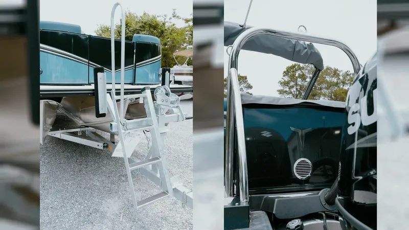 Slide: The Image of 2025 Tahoe Pontoon LTZ Versatile Rear Lounger with ladder and motor details. - 24