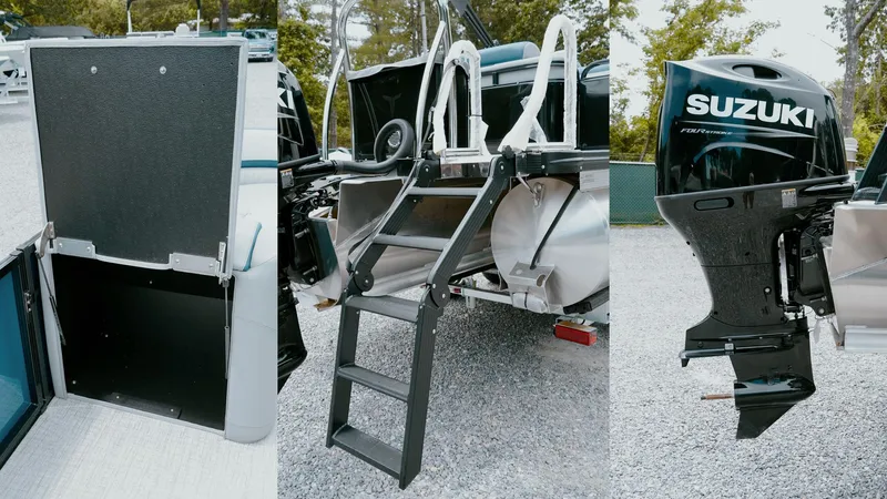 Slide: The Image of 2025 Tahoe Pontoon LTZ Versatile Rear Lounger features, including ladder and Suzuki outboard motor. - 25