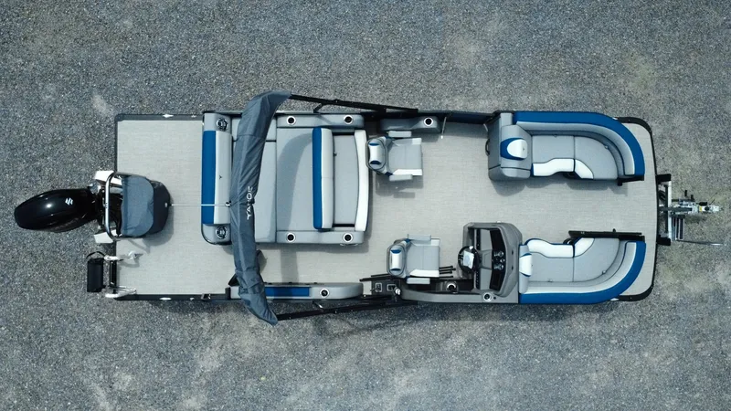 Slide: The Image of 2025 Tahoe Pontoon LTZ Versatile Rear Lounger, aerial view, showcasing spacious seating and modern design. - 3