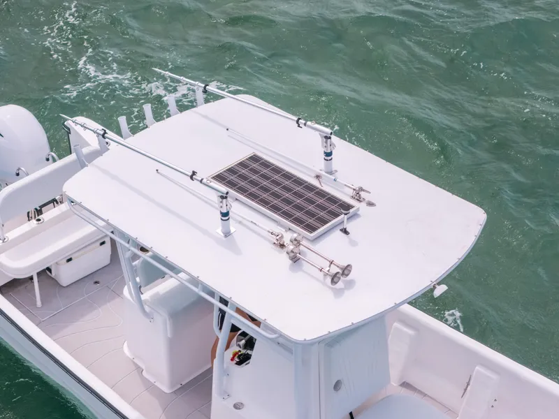 Slide: The Image of 2022 Panga Eduardoño Corvina boat with solar panel on roof, cruising in green waters. - 14