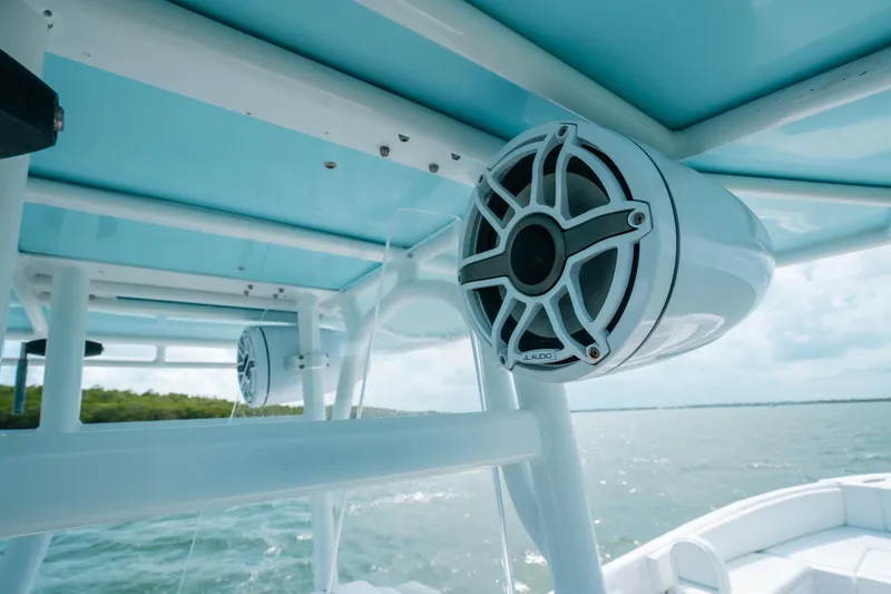 Slide: The Image of 2022 Panga Eduardoño Corvina boat with marine speakers, blue canopy, and ocean view. - 16
