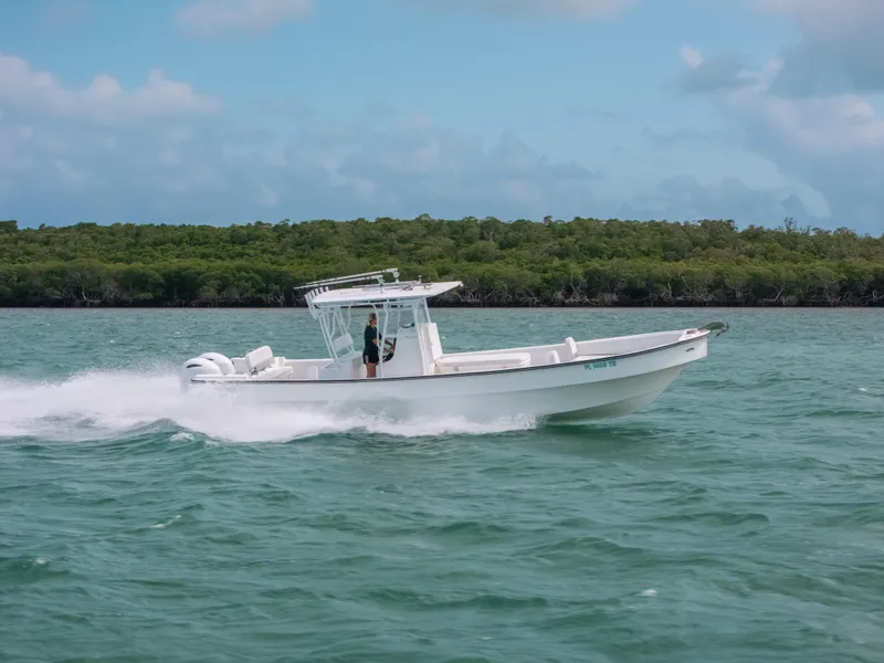 Slide: The Image of 2022 Panga Eduardoño Corvina boat cruising on turquoise water near lush green shoreline. - 30