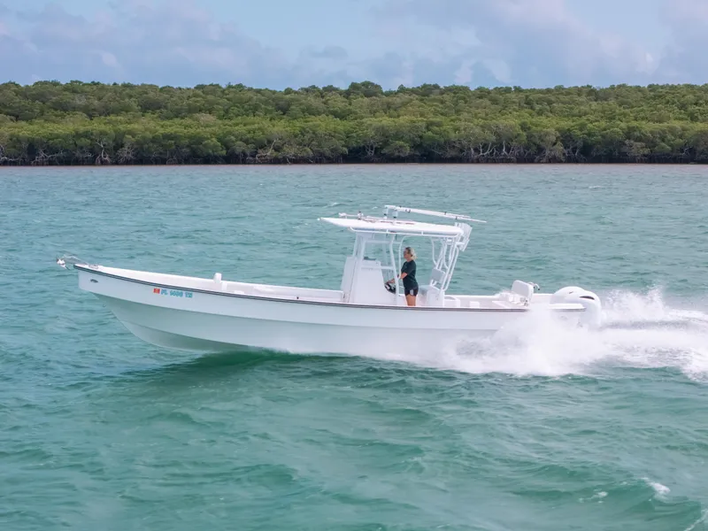Slide: The Image of 2022 Panga Eduardoño Corvina boat cruising on turquoise water near lush green shoreline. - 32
