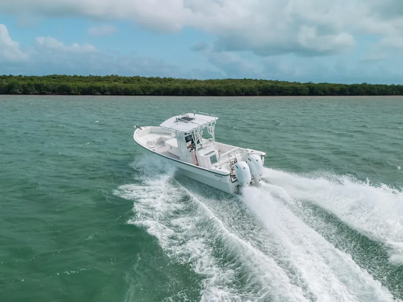 Slide: The Image of 2022 Panga Eduardoño Corvina boat cruising on open water, creating a dynamic wake. - 34