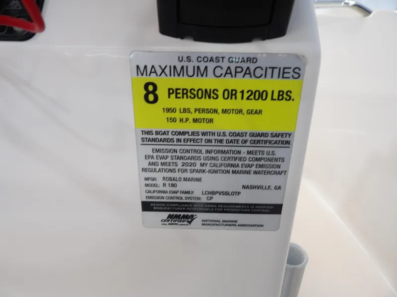 Slide: The Image of 2020 Robalo R180 capacity label: 8 persons or 1200 lbs, 150 HP motor. - 19