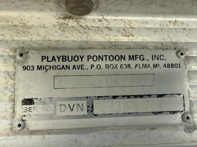 Slide: The Image of Metal identification plate for Playbuoy Pontoon, model PB Calypso SE 2023, year 2001. - 15