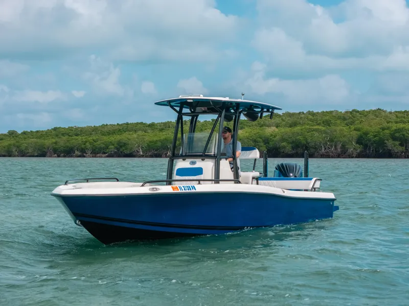 Slide: The Image of 2015 Hydra-Sports 23 Bay boat cruising on calm water with lush greenery in the background. - 34