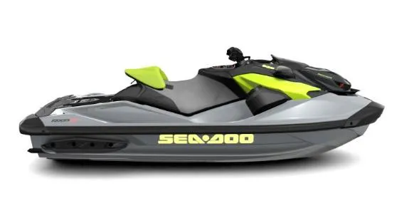Slide: The Image of 2024 Sea-Doo RXP-X 325 jet ski, gray and lime green design, side view. - 3