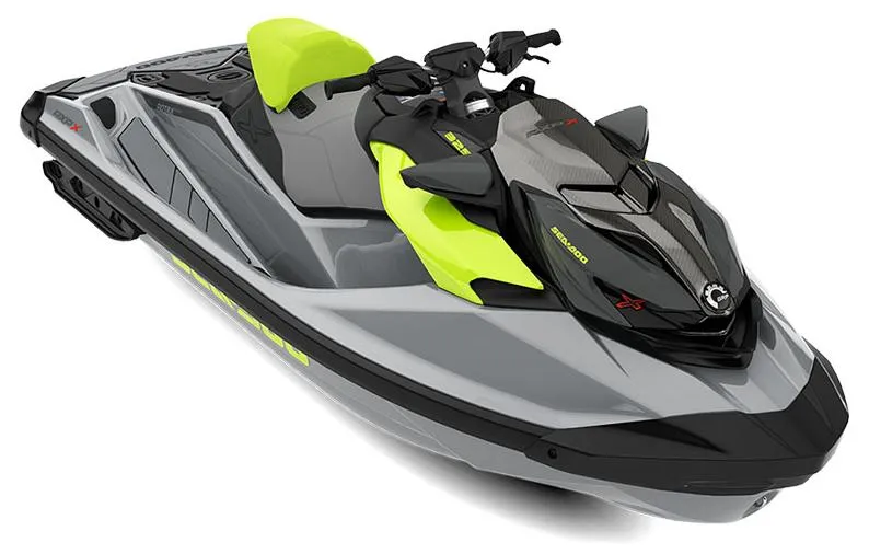 Slide: The Image of 2024 Sea-Doo RXP-X 325 jet ski, gray and lime green design, side view. - 4