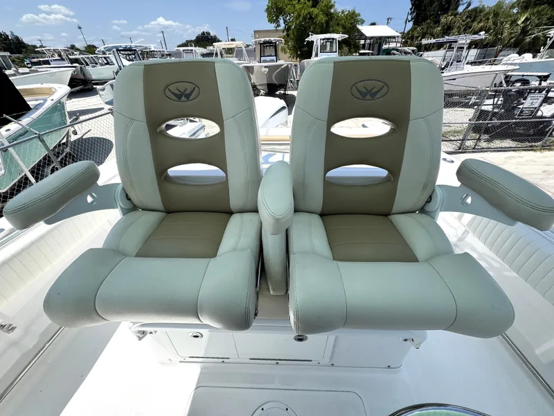 Slide: The Image of 2015 Southport 29 FE boat seats, dual captain chairs, luxury marine upholstery. - 28