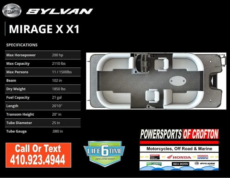 Slide: The Image of 2024 Sylvan Mirage X1 boat specifications and layout, featuring 200 hp and 21-gallon fuel capacity. - 10