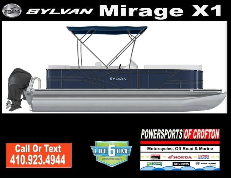 Slide: The Image of 2024 Sylvan Mirage X1 pontoon boat with canopy, displayed by Powersports of Crofton. - 9