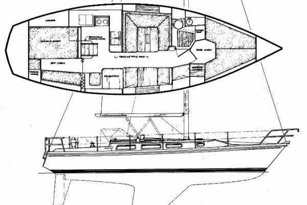 Slide: The Image of Blueprint of 1984 Catalina 36 Tall Rig sailboat, showing interior layout and side profile. - 15