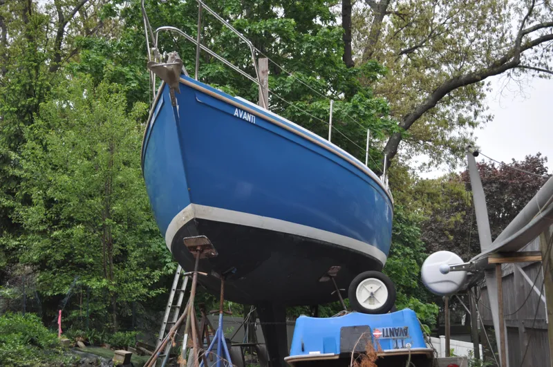 Slide: The Image of 1984 Catalina 36 Tall Rig sailboat on land, blue hull, surrounded by trees. - 2