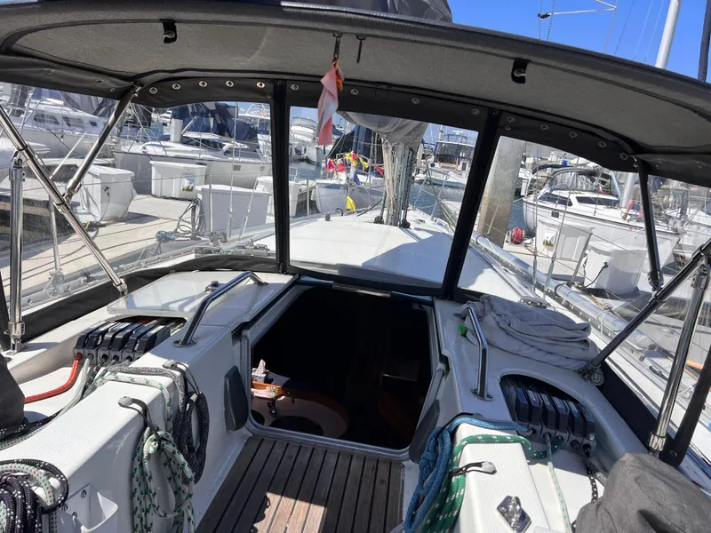 Slide: The Image of Cockpit view of 1990 Beneteau First 41s5 sailboat docked at marina. - 21