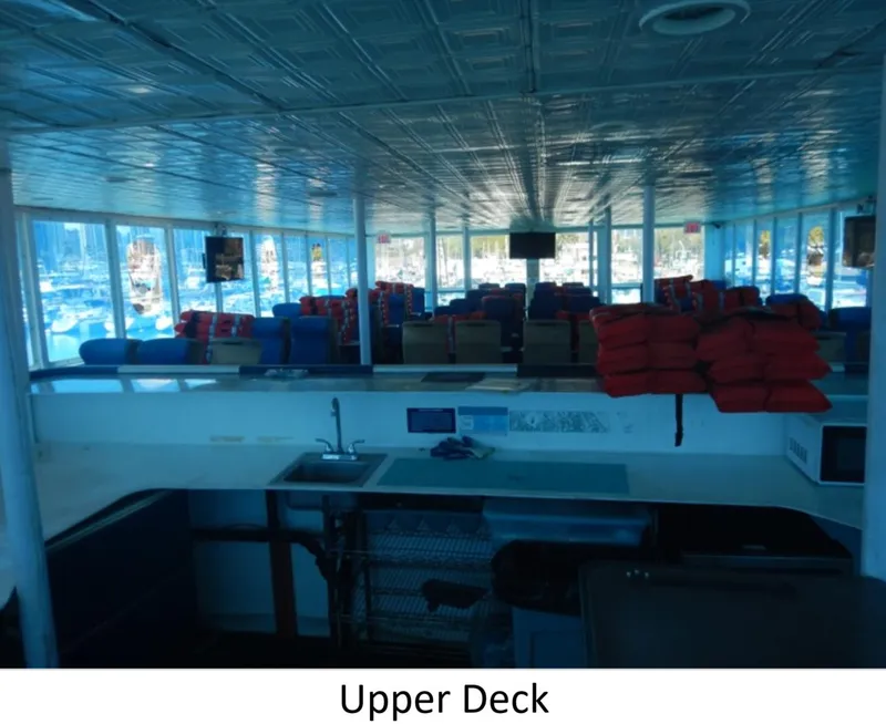 Slide: The Image of Upper deck of 2010 Custom Semi Sub Power Catamaran with seating and life jackets. - 13