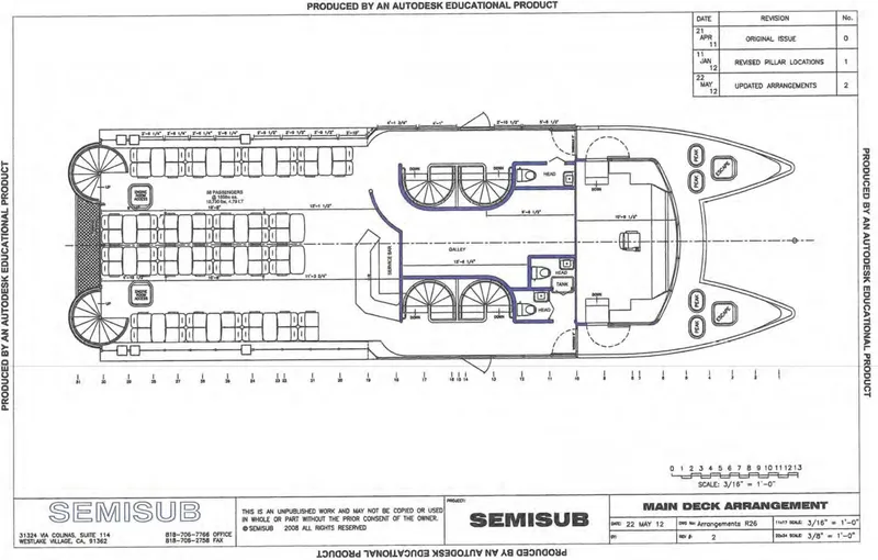 Slide: The Image of Plan of 2010 Custom Semi Sub Power Catamaran, showing main deck arrangement and seating layout. - 26