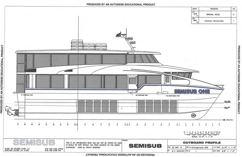 Slide: The Image of Blueprint of a 2010 Custom Semi Sub Power Catamaran, side profile view. - 28